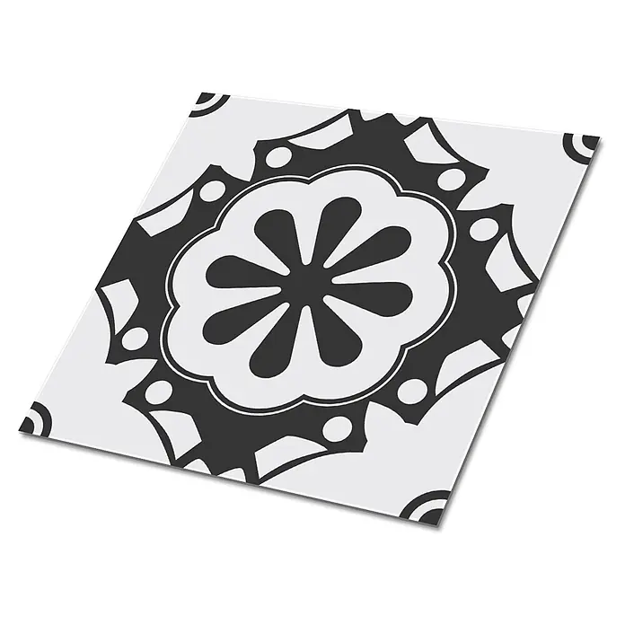 Selbstklebende Fliesen 9 Stück 30x30 cm - Geometrisches Muster -  - Schwarz-weiße ornamentale Fliese mit zentralem Blumenmuster.