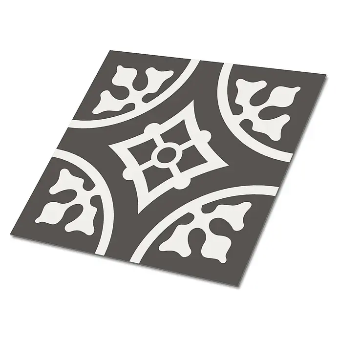 Tulup Wandfliese - Glänzend - Dunkelgraue Musterfliese mit weißem floralen und geometrischen Motiv.