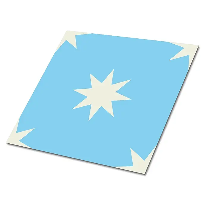 Tulup Wandfliese - Glänzend - Hellblaue Zierfliese mit einem weißen achtstrahligen Stern in der Mitte und Sternakzenten in den Ecken.