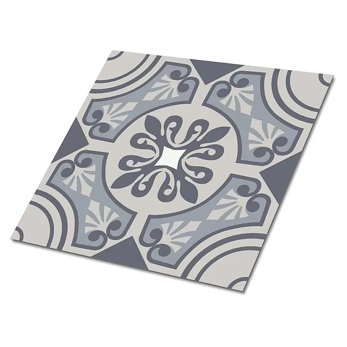 Tulup Wandfliese - Glänzend - Dekorative Bodenfliese mit symmetrischem grau-blauem geometrischem und floralem Muster.