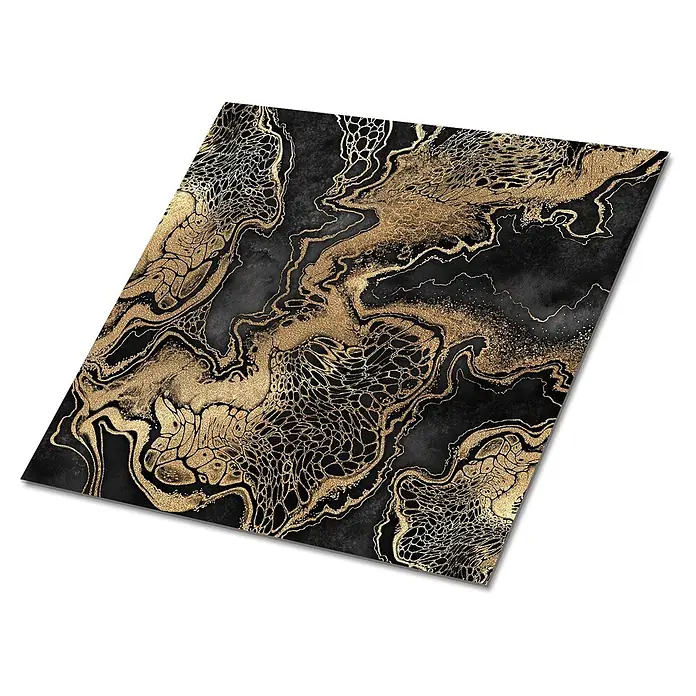 Selbstklebende Fliesen 9 Stück 30x30 cm - Sandabstraktion. -  - Abstraktes schwarz-goldenes Marmormuster mit Glitzer und filigranen zellulären Texturen.