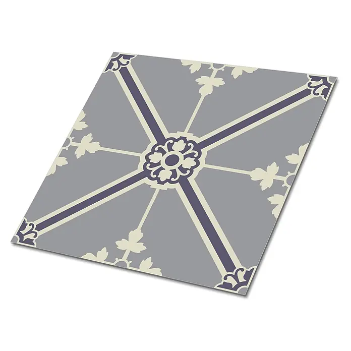 Selbstklebende Fliesen 9 Stück 30x30 cm - Zug -  - Dekorativer grauer Fliese mit zentralem Blumenmuster und geometrischen Linien in Dunkellila und Creme.