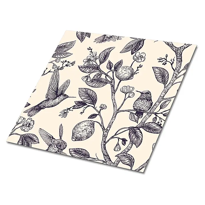 Tulup Wandfliese - Glänzend - Cremefarbenes Muster mit dunklen Strichzeichnungen von Kolibris, Zitrusfrüchten und Blumen.