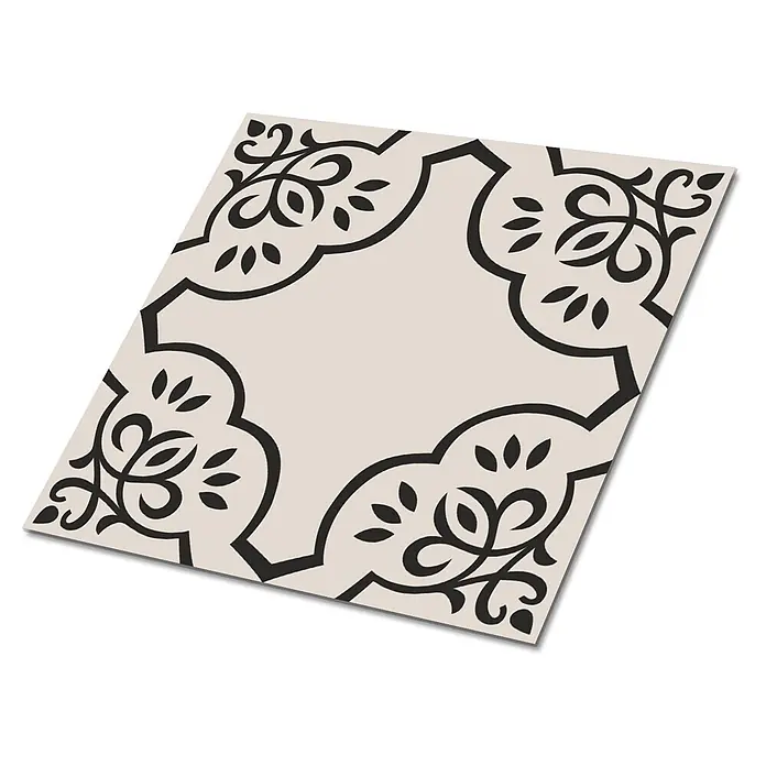 Tulup Wandfliese - Glänzend - Quadratische hellbeige Fliese mit schwarzem, ornamentalem Blumenmuster.