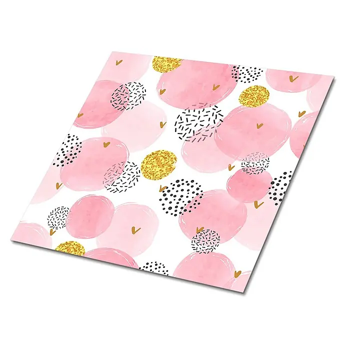 Tulup Wandfliese - Glänzend - Gemusterte Karte mit rosa Aquarellkreisen, goldenen Glitzerakzenten und schwarzen abstrakten Mustern.