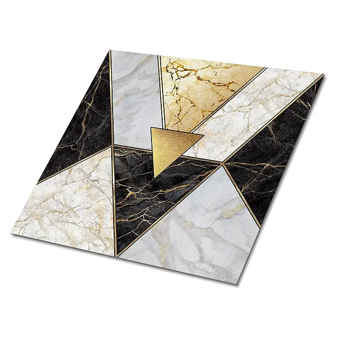 Tulup Wandfliese - Glänzend - Moderne Geometrie-Matte mit schwarzen, weißen, grauen und goldenen Marmormustern, akzentuiert durch schimmernde Goldlinien und ein Glitzerdreieck.