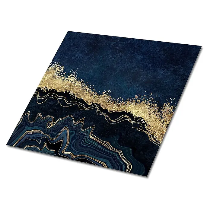 Tulup Wandfliese - Glänzend - Abstrakter Kunstdruck in Tiefblau, Türkis und schimmerndem Gold mit Achat-Mustern und Glitzertexturen.