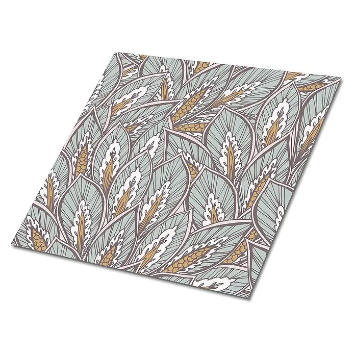 Tulup Wandfliese - Glänzend - Flacher Gegenstand mit stilisiertem Blattmuster in Petrol, Rosa, Weiß und Gold. Die Oberfläche ist dekorativ gestaltet.