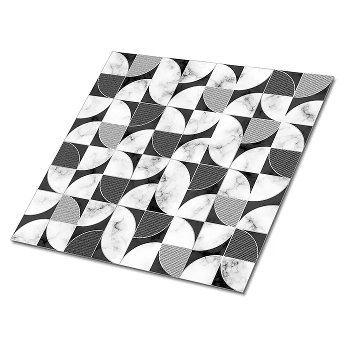 Tulup Wandfliese - Glänzend - Schwarz-weiße geometrische Fliesen mit Marmor- und Punktmustern, abstraktes Design.