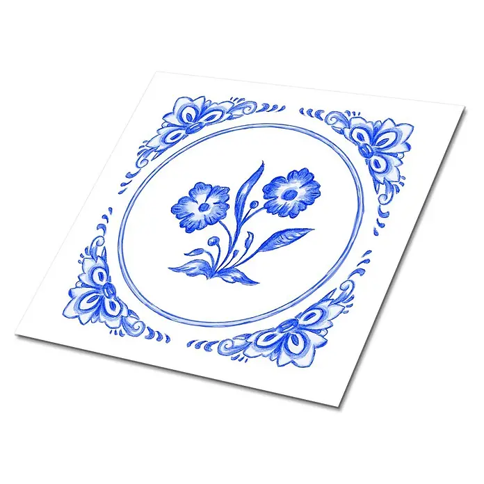 Tulup Wandfliese - Glänzend - Weiße Karte mit blauem floralem Aquarell-Design, ovalem Rahmen und Eckverzierungen.