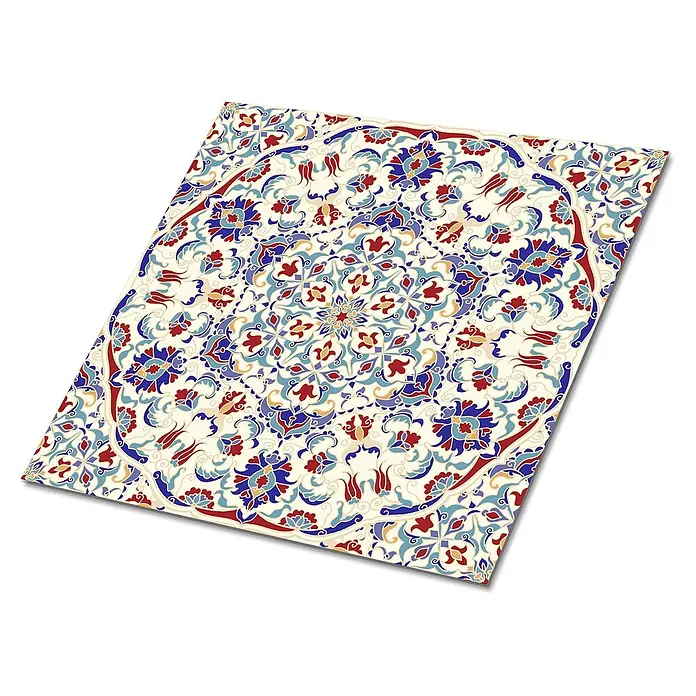 Selbstklebende Fliesen 9 Stück 30x30 cm - Mandala -  - Rechteckige Matte mit aufwendigem rot-blauem Blumenmuster auf cremefarbenem Hintergrund.