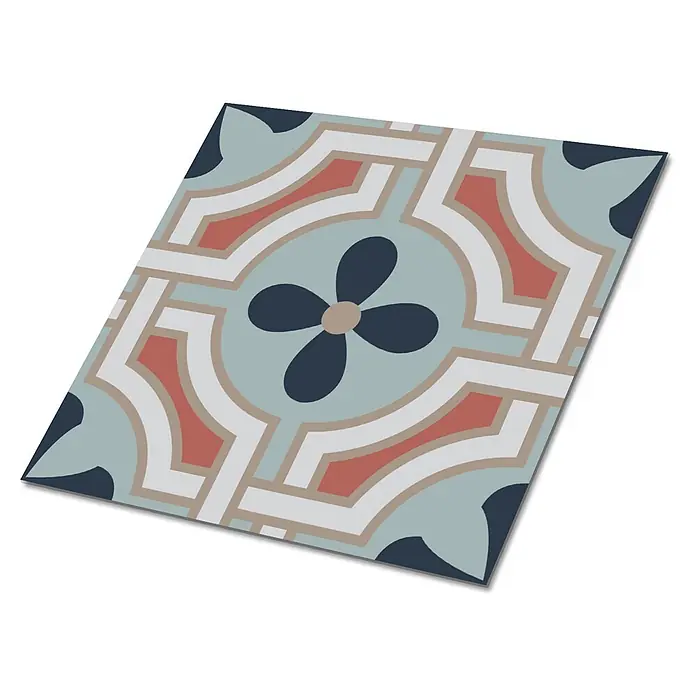 Tulup Wandfliese - Glänzend - Dekorative Keramikfliese mit geometrischem Muster in Hellblau, Dunkelblau, Koralle, Hellgrau und Beige.