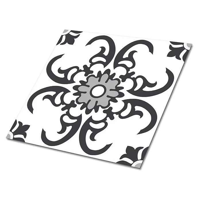 Tulup Wandfliese - Glänzend - Monochromes Dekorationsfliese mit schwarzem und grauem floralen Schnörkelmuster.
