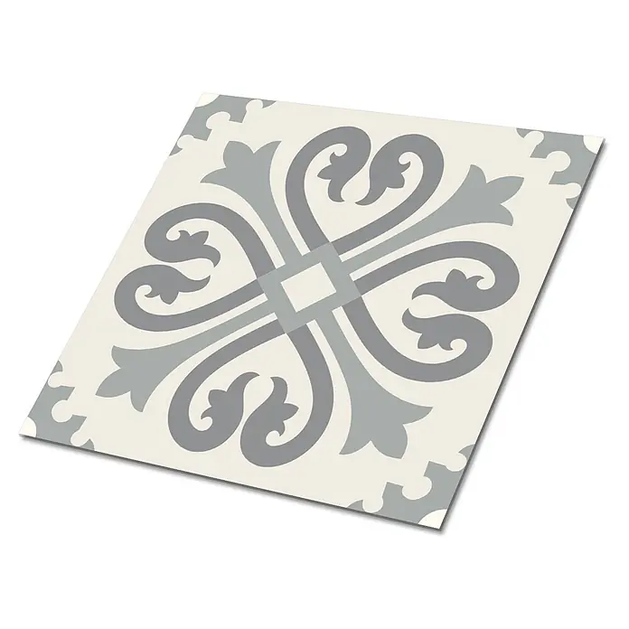 Tulup Wandfliese - Glänzend - Dekorative quadratische Fliese in Creme und zwei Grautönen mit klassischem symmetrischem Muster für den Innenbereich.