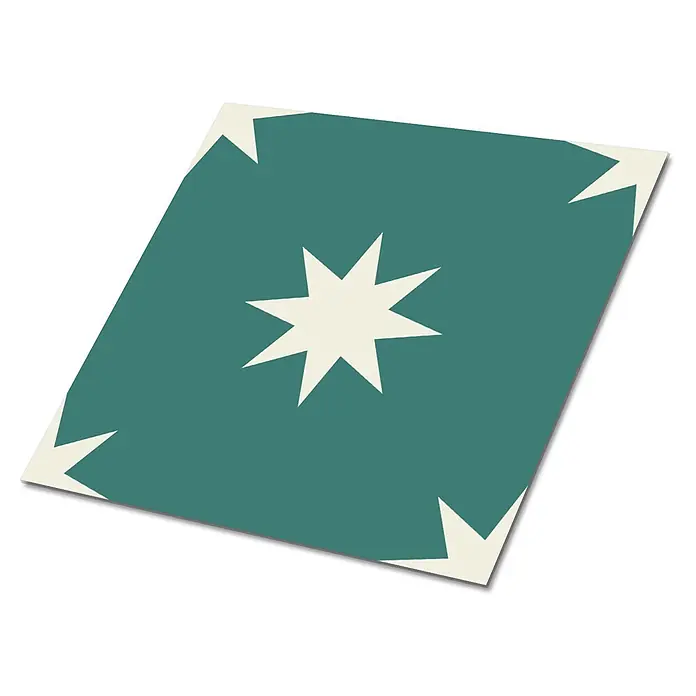 Selbstklebende Fliesen 9 Stück 30x30 cm - Achtdimensionaler Stern -  - Türkise Spielkarte mit zentralem cremefarbenem Stern und Sternmotiven in den Ecken.