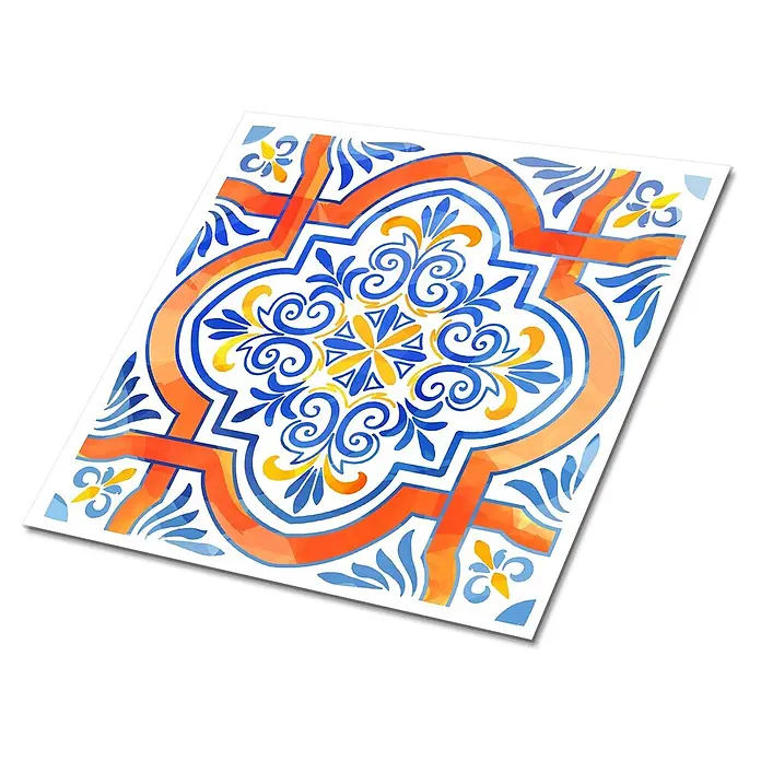 Selbstklebende Fliesen 9 Stück 30x30 cm - Grafiken im Azulejo-Stil -  - Dekorative Fliese mit blauem, orangem und gelbem geometrischem und floralem Muster.