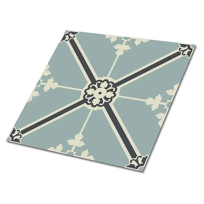 Tulup Wandfliese - Glänzend - Dekorative blau-graue Fliese mit symmetrischem Blumen- und Geometriemuster in Dunkelgrau und Creme.