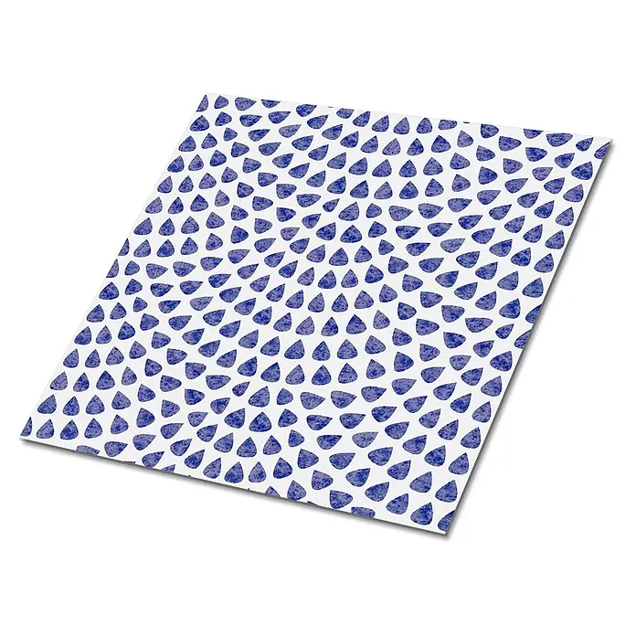 Tulup Wandfliese - Glänzend - Weißes Blatt mit blauem, texturiertem Regentropfenmuster.