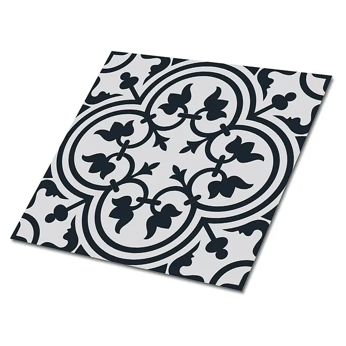 Tulup Wandfliese - Glänzend - Dekorative Fliese mit schwarz-hellgrauem geometrisch-floralem Muster.