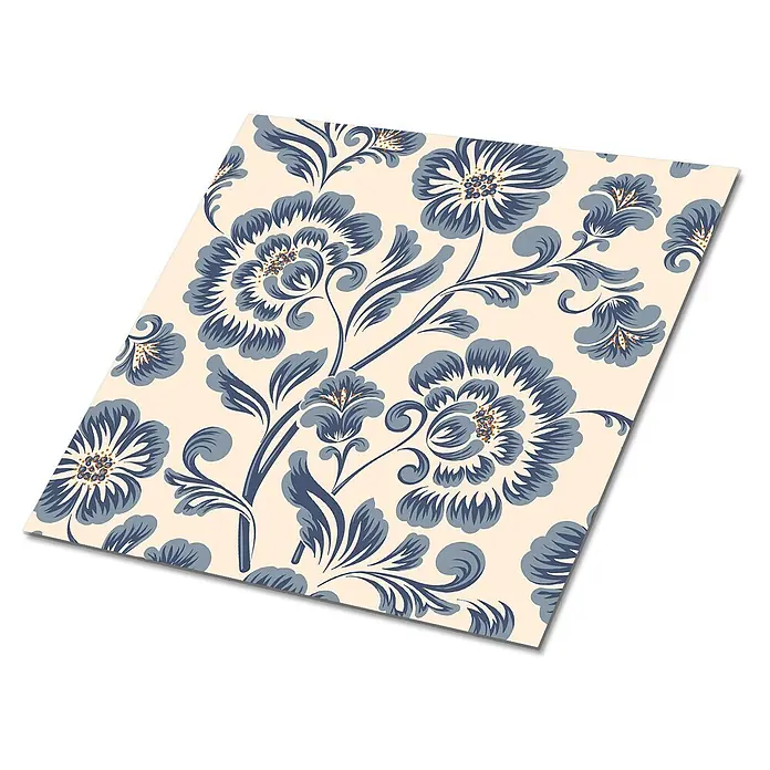 Selbstklebende Fliesen 9 Stück 30x30 cm - Klassisches Blumenmuster -  - Cremefarbenes Material mit aufwendigem blau-grauem Blumen-Damaszkmuster, dunkelblauen Konturen und orangefarbenen Akzenten.