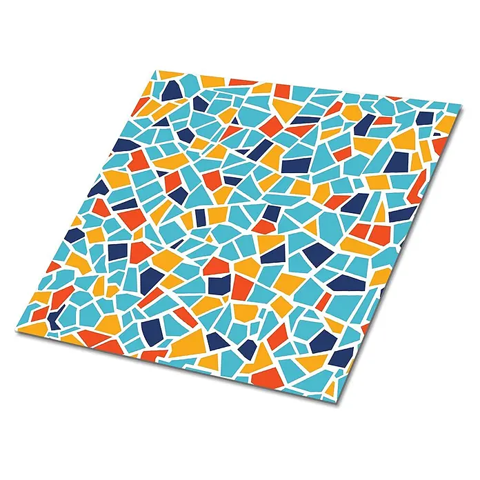 Selbstklebende Fliesen 9 Stück 30x30 cm - Farbenfrohes Mosaik -  - Flaches Objekt mit buntem Mosaikmuster in Blau, Orange, Gelb und Dunkelblau, getrennt durch weiße Linien.