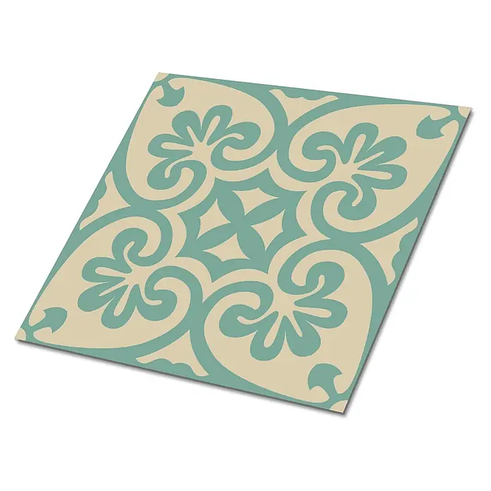 Selbstklebende Fliesen 9 Stück 30x30 cm - Orient -  - Dekorative Fliese in Türkis und Beige mit floralen Mustern und Rankenmotiven.