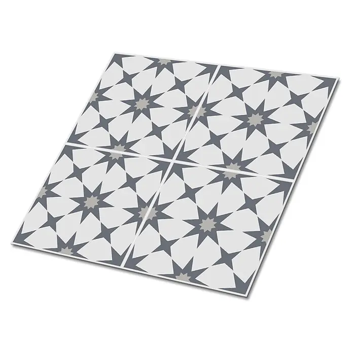 Selbstklebende Fliesen 9 Stück 30x30 cm - Konstellation -  - Vier grau-weiße Fliesen mit geometrischem Sternmuster, die ein größeres sich wiederholendes Design bilden.