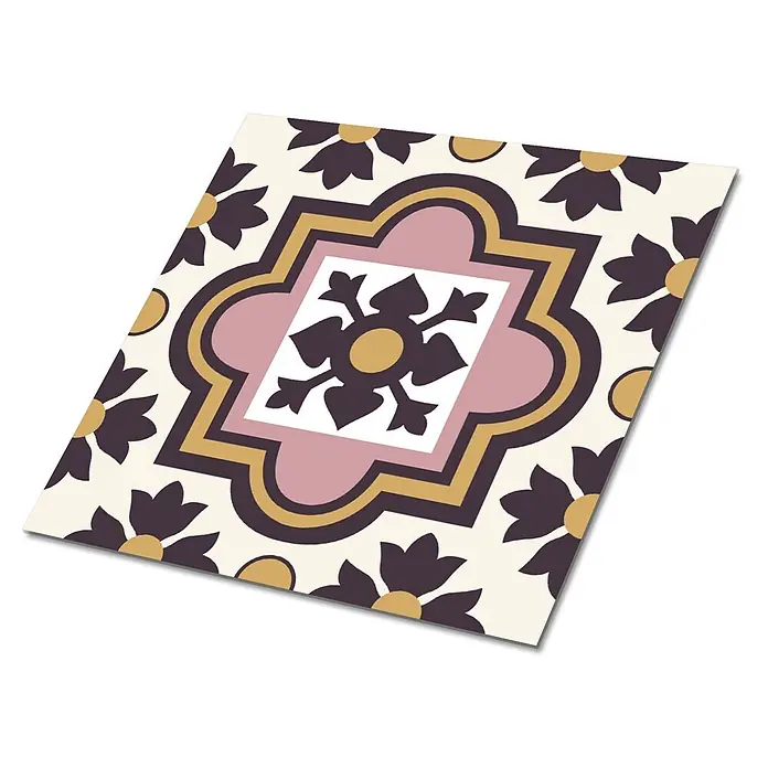 Tulup Wandfliese - Glänzend - Dekorative Fliese mit rosa und goldfarbenem Vierpass-Muster auf cremefarbenem Hintergrund, umgeben von dunkelbraunen Blumenmotiven.