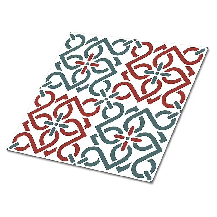 Tulup Wandfliese - Glänzend - Geometrische Zierfliese mit verschlungenen roten und petrolfarbenen Formen.