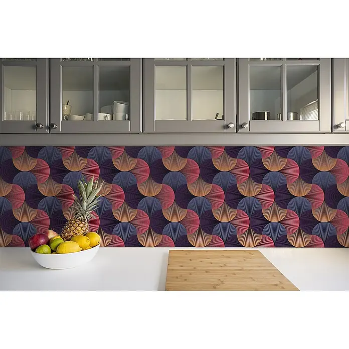Tulup Wandfliese - Glänzend - Lebhafter Küchenrückwand mit geometrischem Halbkreis-Muster in Rosa, Orange, Blau und Lila.
