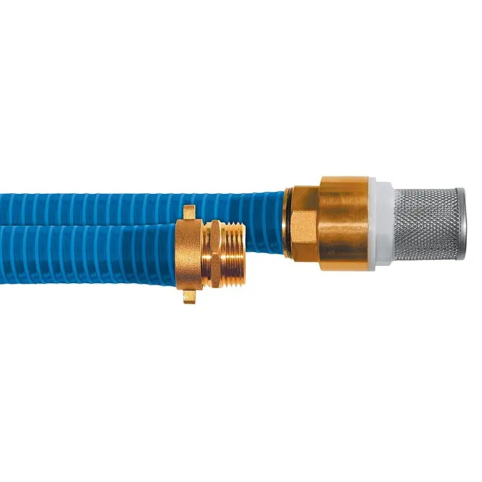 Neptun Saugschlauchgarnitur - 7 m - Blauer flexibler Schlauch mit goldenen Anschlüssen und Filter, ideal für verschiedene Anwendungen. Robuste Bauweise garantiert Zuverlässigkeit.
