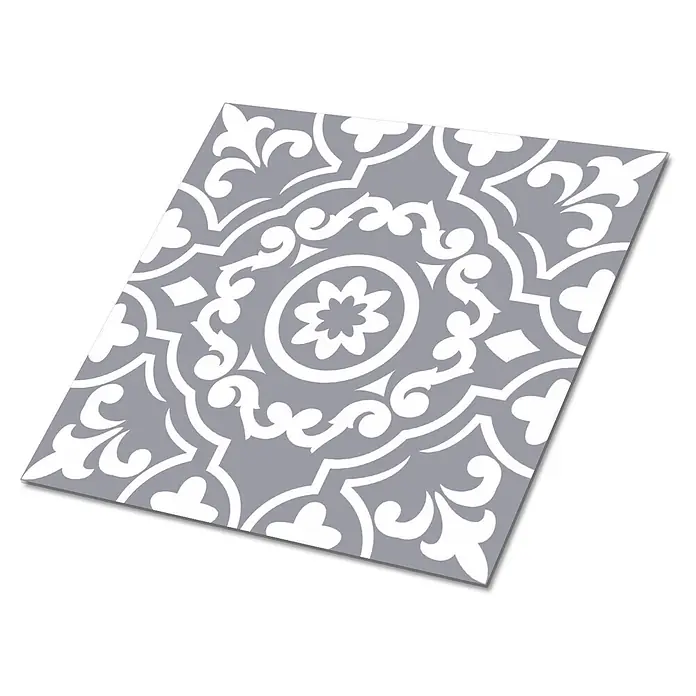 Tulup Wandfliese - Glänzend - Grau-weiß gemusterte Fliese mit floralen Ornamenten.