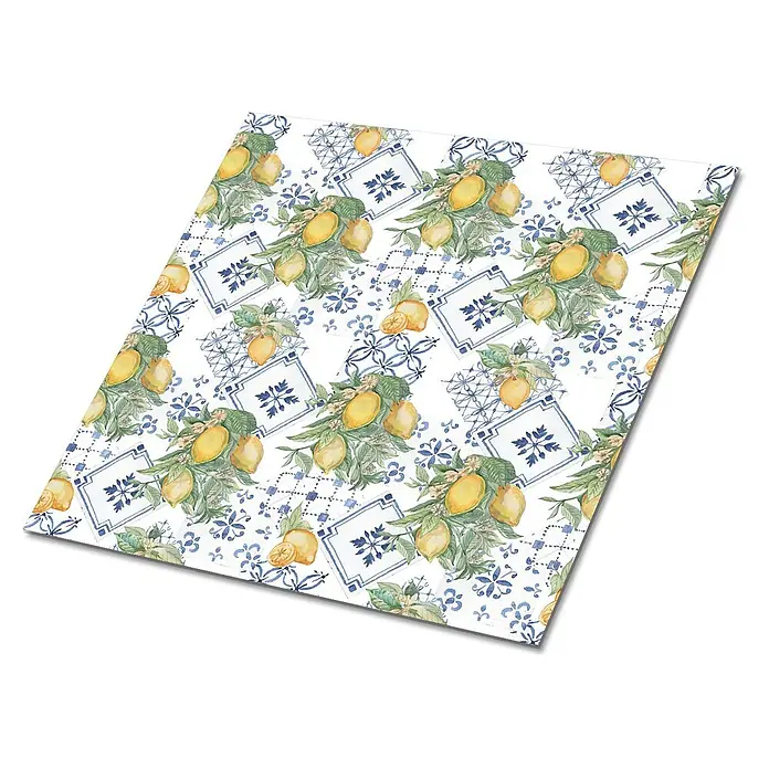Tulup Wandfliese - Glänzend - Tischset/Tischdecke mit Zitronen- und blauem Mittelmeerfliesenmuster.