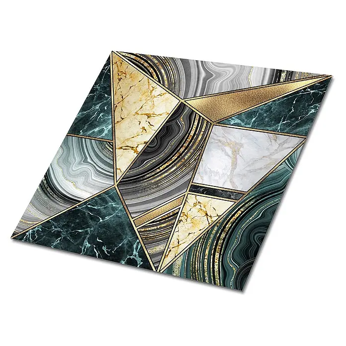 Tulup Wandfliese - Glänzend - Abstraktes geometrisches Kunstwerk mit Marmorstrukturen in Gold, Weiß, Dunkelgrün und Grau, akzentuiert mit Goldlinien.