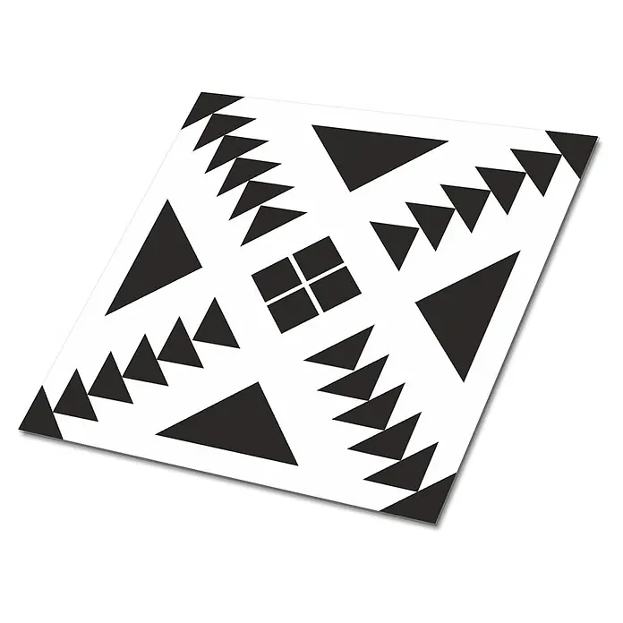 Selbstklebende Fliesen 9 Stück 30x30 cm - Dreiecke und Quadrate -  - Schwarz-weißes geometrisches Muster mit einem zentralen Quadrat und umliegenden Dreiecken.