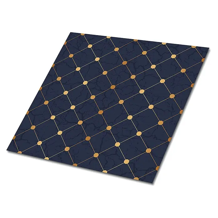 Tulup Wandfliese - Glänzend - Dunkelblaue strukturierte Matte mit goldenem geometrischem Gitter und Punkten.