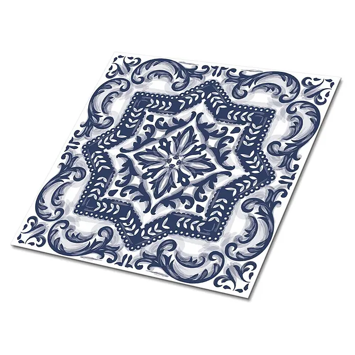 Tulup Wandfliese - Glänzend - Dekorative Keramikfliese mit komplexen blau-grauen Barockmustern, mit zentralem Blumenmotiv.