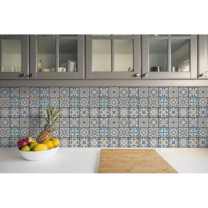 Tulup Wandfliese - Glänzend - Blau-gelbe mediterrane Küchenrückwandfliesen mit Muster.