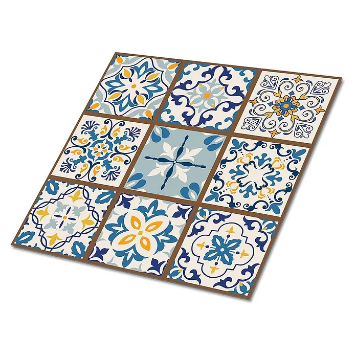 Tulup Wandfliese - Glänzend - Neun quadratische Dekorfliesen mit komplexen blauen, gelben und weißen Mustern im mediterranen Stil, angeordnet in einem 3x3-Raster.