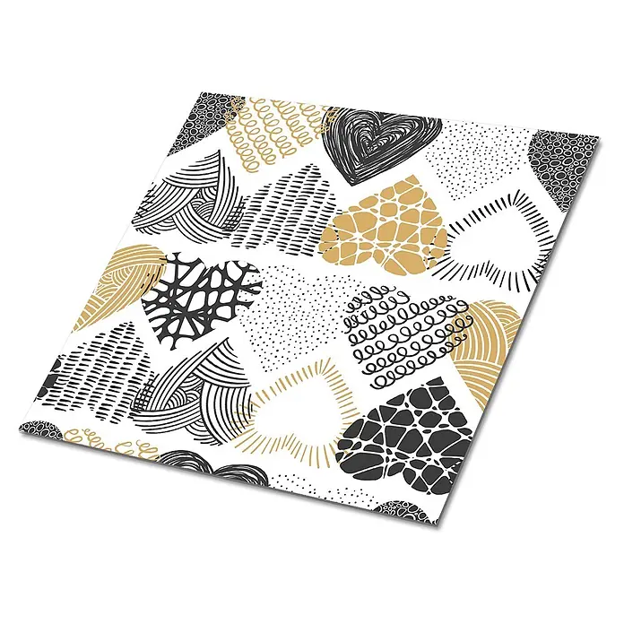 Selbstklebende Fliesen 9 Stück 30x30 cm - Herzen -  - Abstraktes schwarz-goldenes Herzmuster mit verschiedenen Texturen.