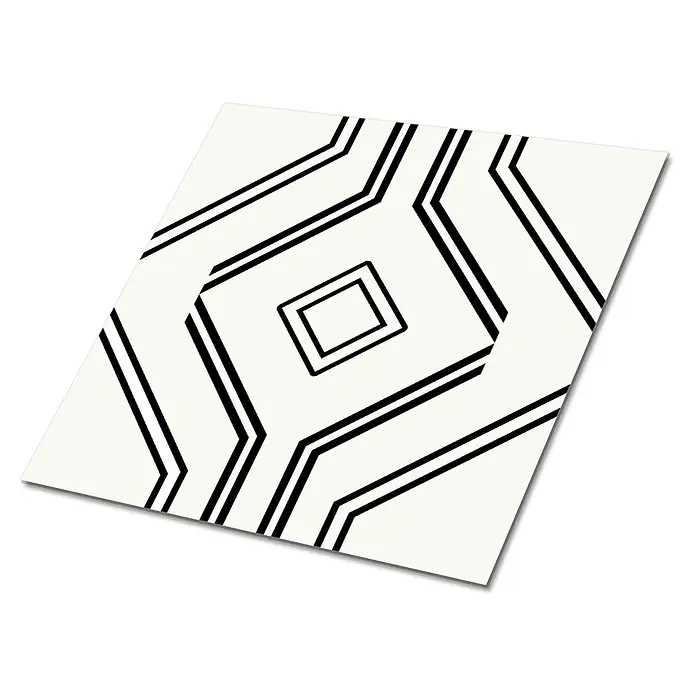 Selbstklebende Fliesen 9 Stück 30x30 cm - Geometrische Linien -  - Weiße Karte mit schwarzem geometrischem Muster aus konzentrischen Quadraten und eckigen Linien.