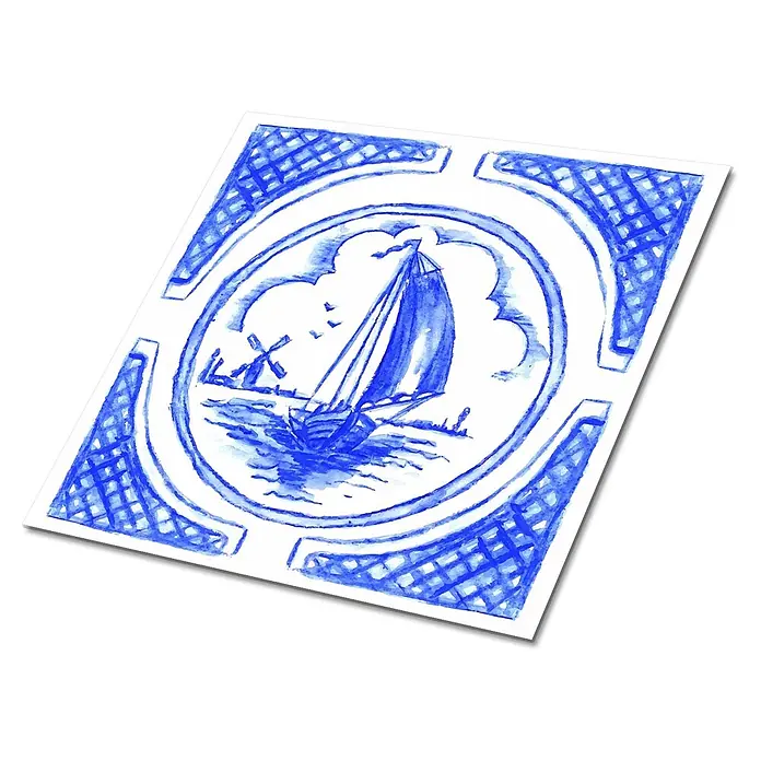 Tulup Wandfliese - Glänzend - Blauer und weißer Aquarelldruck, der ein Segelboot und eine Windmühle in einem dekorativen, gerahmten Rand zeigt.