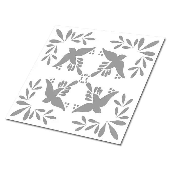 Tulup Wandfliese - Glänzend - Graues Muster von vier stilisierten Vögeln und Blattzweigen.