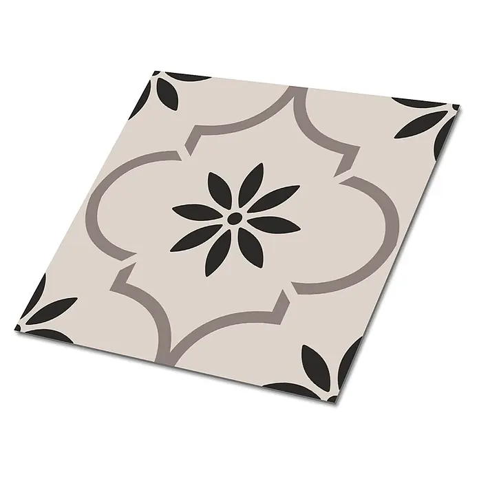 Tulup Wandfliese - Glänzend - Beige Fliese mit grauem Quatrefoil-Muster und schwarzen Blumenmotiven.
