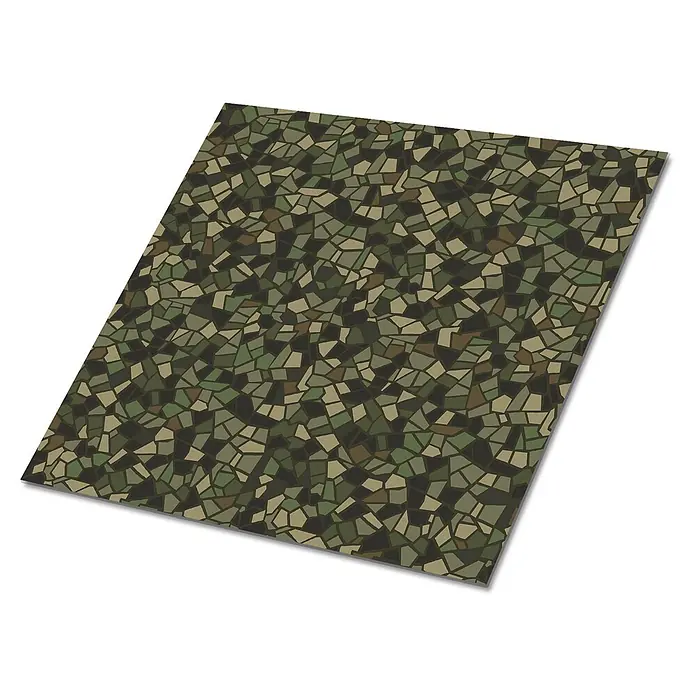 Tulup Wandfliese - Glänzend - Rechteckige Matte mit Mosaik-Tarnmuster in Grün-, Braun- und Khakitönen.