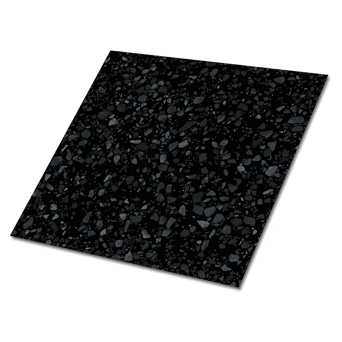 Selbstklebende Fliesen 9 Stück 30x30 cm - Klassischer schwarzer Boden. -  - Schwarzes Terrazzo-Muster mit dunklen und hellgrauen Steinsplittern.