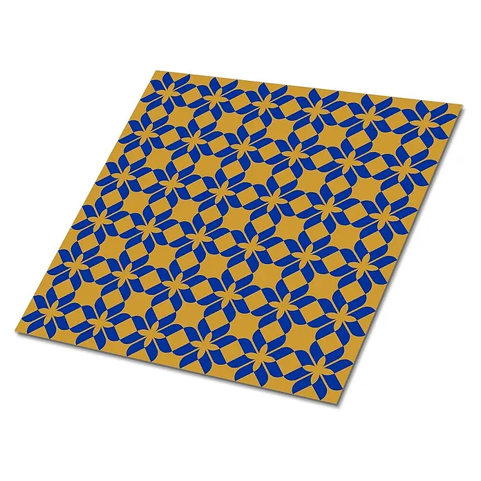 Tulup Wandfliese - Glänzend - Dekorplatte mit goldgelbem Grund und einem sich wiederholenden blauen geometrischen Blumenmuster.