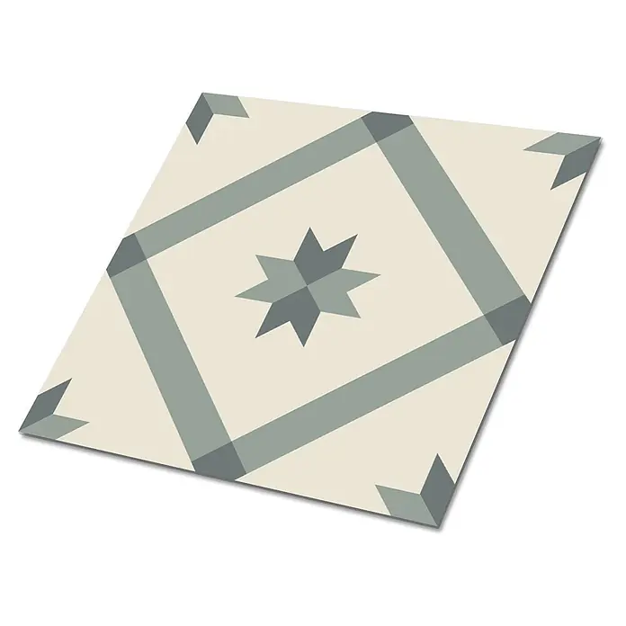 Tulup Wandfliese - Glänzend - Geometrische Fliese mit beigem Grund und graugrünem Stern- und Rautenmuster.