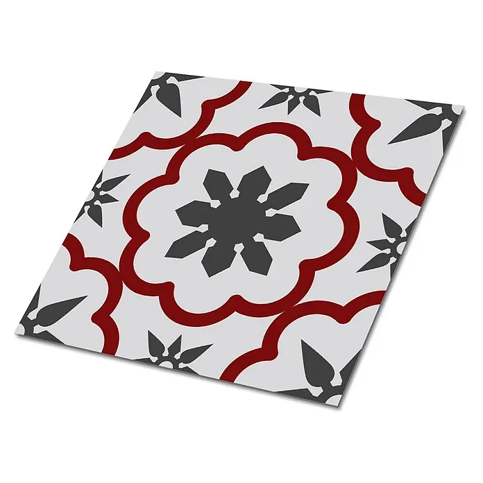 Selbstklebende Fliesen 9 Stück 30x30 cm - Geometrische Sterne -  - Dekorative Fliese mit rotem, stilisiertem Blumenmuster und dunkelgrauem sternförmigem Zentrum auf hellgrauem Hintergrund.