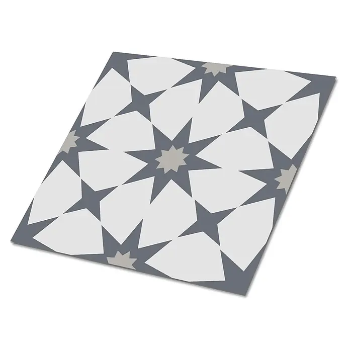 Tulup Wandfliese - Glänzend - Fliese mit einem geometrischen Muster aus dunkelgrauen, hellgrauen und mittelgrauen Sternformen.